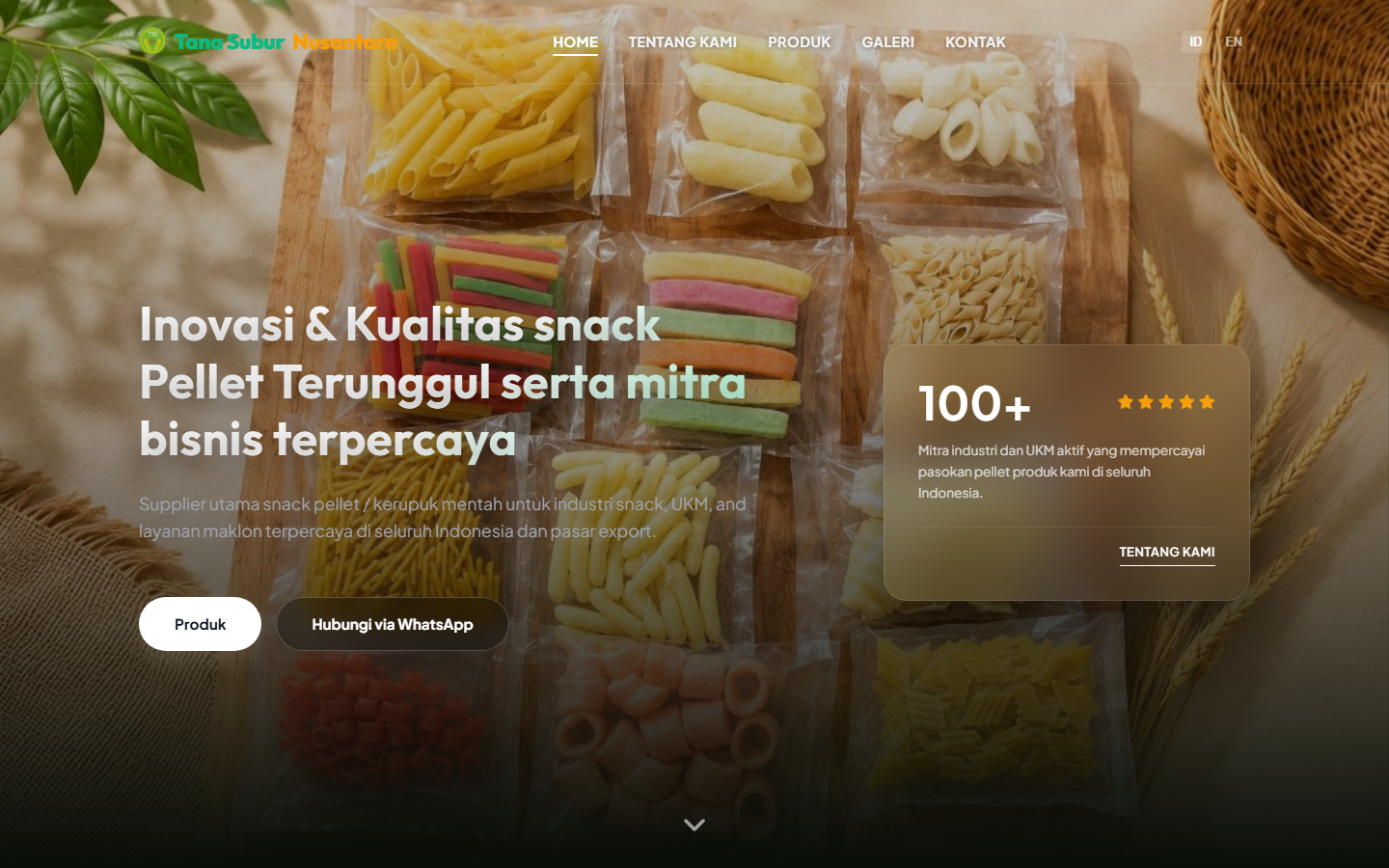 Tampilan homepage website company profile produsen snack